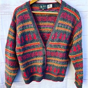 Vintage novelty print cozy multi color cardigan sweater wool size medium